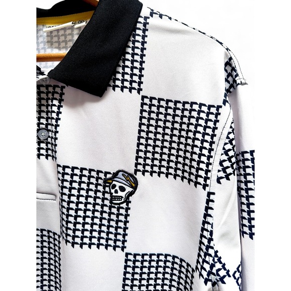 Devereux Golf Shirt Men's Small Skull Logo Long Sleeve Polo Black White Check - Picture 7 of 15